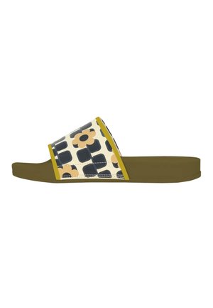 Sandalia tipo slide con dedo abierto, suela verde oliva y tira crema decorada con patrones florales y geométricos en negro y beige.