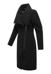 Manteau en mélange de laine noir avec un grand col, fermeture éclair asymétrique, poches latérales et une silhouette ajustée.