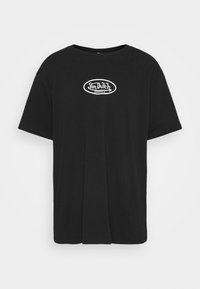 Camiseta de algodón negra de manga corta, con un logo ovalado blanco que dice "Von Dutch Originals" en el frente. Diseño sencillo.