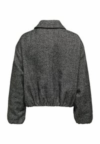 Veste cropped en chevrons noir et gris avec un large col, une taille élastique et des manches longues bouffantes. Tissu texturé avec une finition lisse.