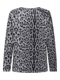 Haut gris à manches longues avec motif léopard abstrait noir, vu de dos.