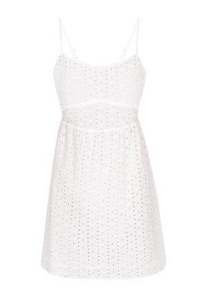 Vestido blanco sin mangas con corsé ajustado y falda acampanada, que presenta patrones ovalados recortados a lo largo de la tela y finas tirantes ajustables.