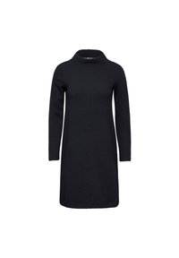 Schwarzes Langarmkleid mit hohem Kragen, das ein strukturiertes Muster und einen geraden Schnitt aufweist, aus einem weichen Stoff gefertigt.