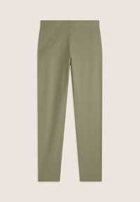 Pantalones verde oliva con una textura suave y lisa, que presentan un diseño sencillo y un corte recto, sin hardware o patrones visibles.