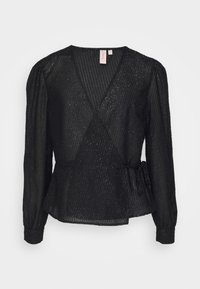 Blusa nera avvolgente con maniche lunghe, tessuto testurizzato con accenti lucidi, vita aderente e dettaglio con fiocco laterale.