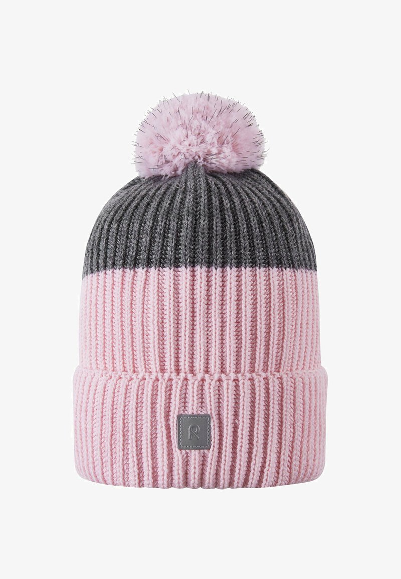 Knit beanie in gray and pink with a ribbed design; features a fluffy pink pom-pom on top and a gray brand tag on the folded brim.