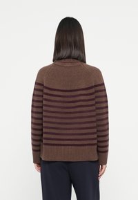 Maglione a righe marroni in maglia con colletto alto e orlo a costine, con righe bordeaux sulla parte superiore della schiena e sulle maniche.