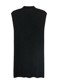 Tunique noire sans manches avec un col montant, tissu doux, coupe ample et silhouette droite. L'ourlet est légèrement arrondi en bas.