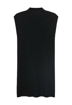 Tunic nera senza maniche con colletto alto, tessuto morbido, vestibilità ampia e silhouette dritta. L'orlo è leggermente curvato nella parte inferiore.