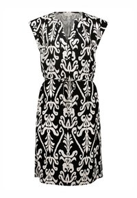 Schwarz-weiß gemustertes Kleid mit V-Ausschnitt, kurzen Ärmeln und einer gebundenen Taillenpartie, das ein aufwändiges Blumendesign aufweist.