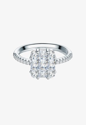Ringe mit einem Cluster aus rechteckigen und runden klaren Steinen, gefasst in einem glänzenden Silberband mit kleinen Akzentsteinen entlang des Schenkels.