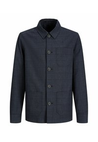 Tamsiai mėlyna striukė iš tekstūruotos medžiagos, su apykakle, šešiais mygtukais, viena krūtinės kišene ir dviem priekinėmis kišenėmis, pasižyminčiomis švariomis linijomis.