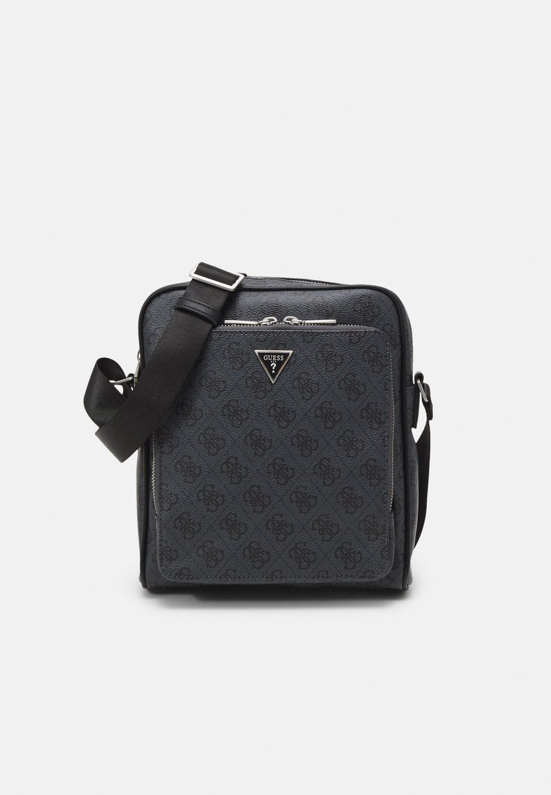 Borsa a tracolla sintetica nera con design a motivo, zip argento, tracolla regolabile e emblema del logo sul davanti.