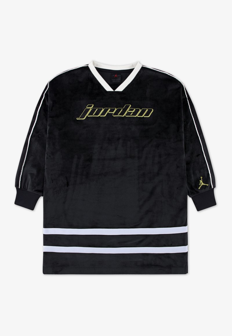 Čierna velúrová košeľa s dlhým rukávom a bielymi detailmi, s logom "jordan" v zelenej farbe, V-krkom a vyšívaným logom Jumpman na rukáve.