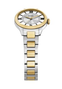 Fossil horloge met een zilveren en gouden metalen band. Ronde zilveren wijzerplaat met Romeinse cijfers en gouden accenten. Klassiek design en gestructureerde details.