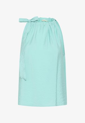 Ein ärmelloses, hellblaues Kleid aus einem glänzenden, strukturierten Stoff. Der Ausschnitt verfügt über ein Bindedetail, und das Design ist locker geschnitten.