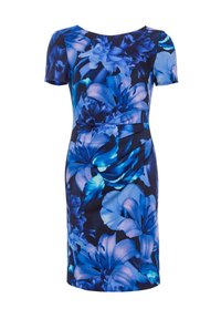 Robe florale à manches courtes, de couleurs bleue et marine, avec un motif floral éclatant, un design ajusté et un col rond.