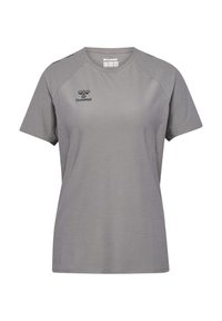 Graues T-Shirt mit kurzen Ärmeln aus glattem Stoff, das einen subtilen Glanz aufweist, Raglanärmel hat und ein Logo auf der linken Brust trägt.