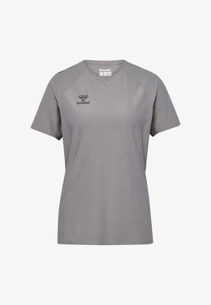 Grå kortærmet t-shirt lavet af glat stof, med en subtil glans, raglanærmer og et logo trykt på venstre bryst.