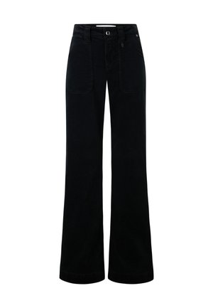 Zwarte wijde broek met voorzakken, riemlussen, knoopsluiting en een lichte textuurdetail.