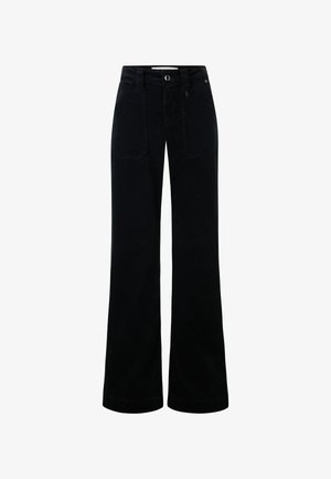 Zwarte wijde broek met voorzakken, riemlussen, knoopsluiting en een lichte textuurdetail.
