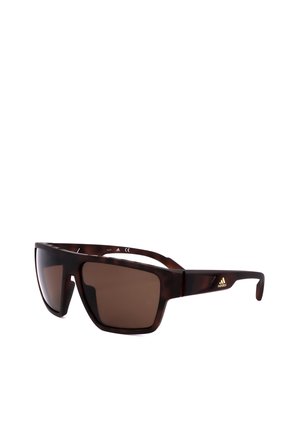 Occhiali da sole rettangolari Adidas marrone scuro con montatura completa e lenti colorate, con logo Adidas sulla stanghetta.