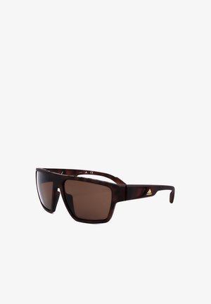 Occhiali da sole rettangolari Adidas marrone scuro con montatura completa e lenti colorate, con logo Adidas sulla stanghetta.