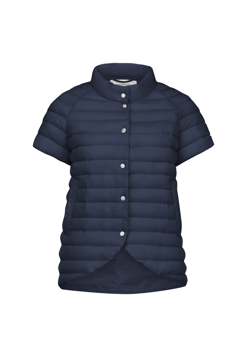 Marineblauer Steppjacke mit kurzen Ärmeln, Druckknöpfen und abgerundetem Saum. Sie verfügt über gesteppten Bereiche und seitliche Taschen.