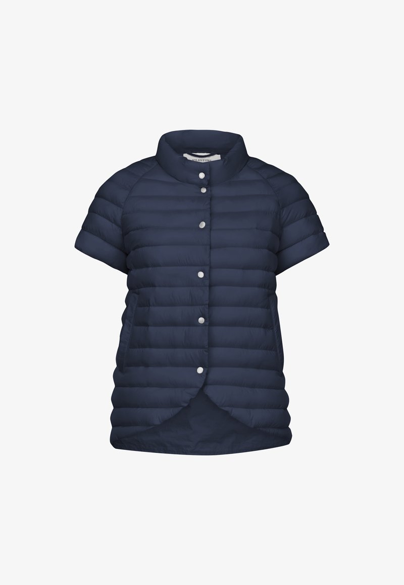 Marineblauer Steppjacke mit kurzen Ärmeln, Druckknöpfen und abgerundetem Saum. Sie verfügt über gesteppten Bereiche und seitliche Taschen.