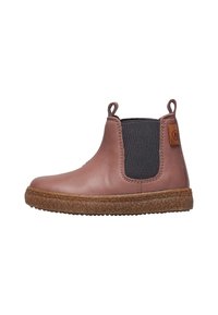 Braune Leder-Stiefelette mit elastischen seitlichen Einsätzen, runder Spitze, Gummisohle und einem Zugband hinten. Strukturiere Sohle mit einem kontrastierenden korkartigen Untergrund.