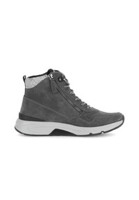 Grijze hoge sneakers van suède en vilt, met veters, een zijrits en een witte gevoerde zool.