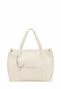 Borsa tote beige con materiale testurizzato, doppie maniglie, accessori in argento, tasca frontale con zip e dettagli del logo.