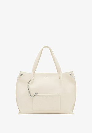 Borsa tote beige con materiale testurizzato, doppie maniglie, accessori in argento, tasca frontale con zip e dettagli del logo.