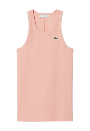 Mouwloos geribd roze tanktop met ronde halslijn en een klein groen Lacoste-krokodillenlogo op de linkerborst.