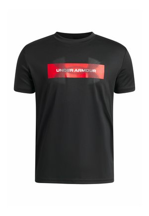 Black short-sleeve t-shirt with red rectangular graphic and white "Under Armour" text centered on the chest.