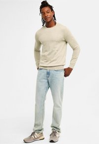 Lichtgrijze langeklant trui, met een ronde hals, gecombineerd met lichtblauwe jeans en grijze sneakers. Eenvoudig, aansluitend ontwerp met een gladde textuur.
