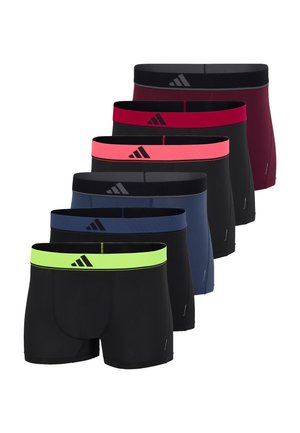 Seks par herre boxershorts i sort og burgunder med taljebånd i neon grøn, mørkeblå, pink, rød, grå og sort, stablet på række.