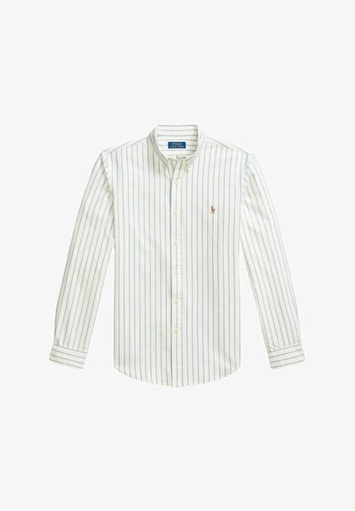 Chemise blanche à manches longues avec des rayures verticales bleues, col boutonné et petit logo brodé sur la poitrine gauche.