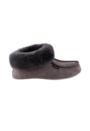 Grå ruskindstøfler med tyk mørkegrå fleece manchet og blød inderfor, vist fra siden på en hvid baggrund.