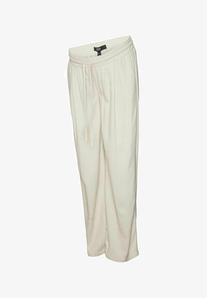 Licht beige losse broek met een elastische tailleband en aantrekkoord. Gemaakt van zachte stof met een gladde textuur. Geen zichtbare patronen of accenten.