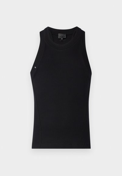 Μαύρο tank top από ριγέ ύφασμα, με ψηλό λαιμό, αμάνικη σχεδίαση και διακριτικές λεπτομέρειες στις πλευρές. Μέγεθος M.