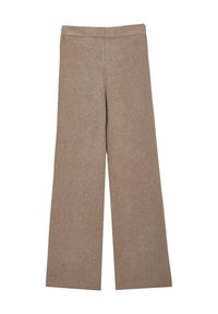 Beige Strickhose mit weitem Bein und hohem Bund, mit einem glatten, nahtlosen Design, flach auf einem weißen Hintergrund ausgelegt.