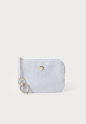 Light blue corduroy wallet with silver hardware, featuring a small heart detail and a chain with two heart charms attached.