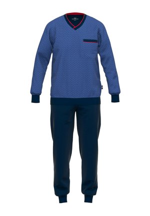 Blau gemusterter V-Ausschnitt Langarm-Top mit einer Brusttasche und blauen Hosen. Mit gerippten Bündchen und Saum. Weicher Stoff mit glatter Textur.