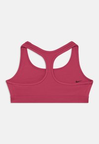 Rožinė sportinė liemenėlė su lenktu atlošu, pagaminta iš minkštos medžiagos, su juodu Nike logotipu kairėje pusėje ir plokščiomis siūlėmis komfortui.