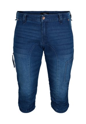 Capri in denim blu scuro con dettagli cuciti, tasca con zip sul lato e hardware bronzo nella vita.