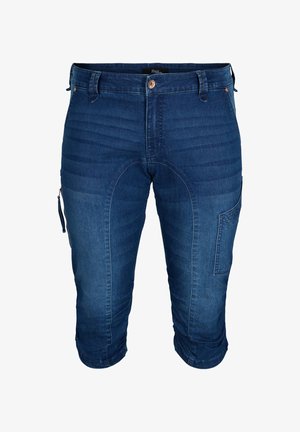 Donkerblauwe denim capri's met gestikte details, een ritzak aan de zijkant en bronzen hardware op de tailleband.
