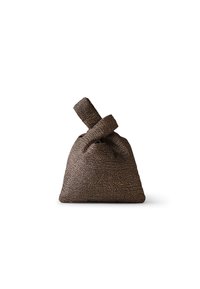 Brown textured fabric bag with a knotted handle, featuring a triangular shape and a soft, pliable design, suitable for casual use.