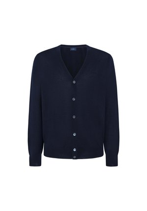 Dunkelblauer Cardigan mit V-Ausschnitt, langen Ärmeln und sechs Knopfverschluss vorne. Der Stoff hat eine glatte Textur und eine figurbetonte Passform.