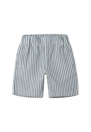 Pantaloni corti a strisce con una combinazione di colori blu chiaro e bianco, realizzati in un tessuto morbido, con una vita elastica e una vestibilità ampia.